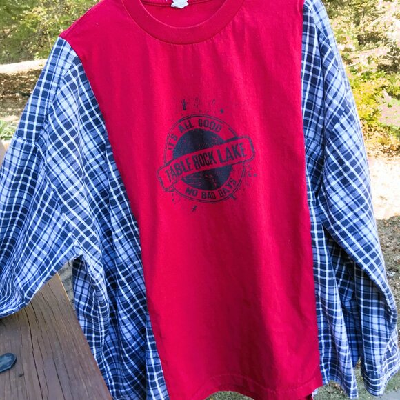 Reworked Flannel Shirt, Size XL-2XL: Upcycled Oversized Table Rock Lake Graphic - Picture 6 of 9
